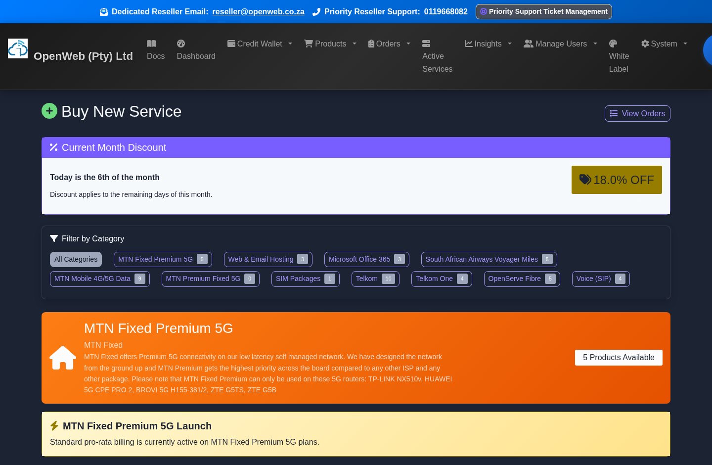 Live OpenWeb reseller panel screenshot: Product catalogue and create service